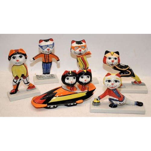 42 - Lorna Bailey Cats set: Winter Olympics Cats. Full set of 6 cats doing various Winter Olympics sports