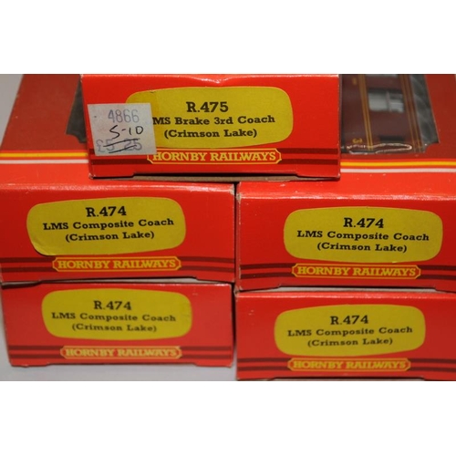 70 - Hornby OO gauge LMS Crimson Lake Livery Carriages, R474 x 4 and R475 x 1. 5 in lot, all boxed