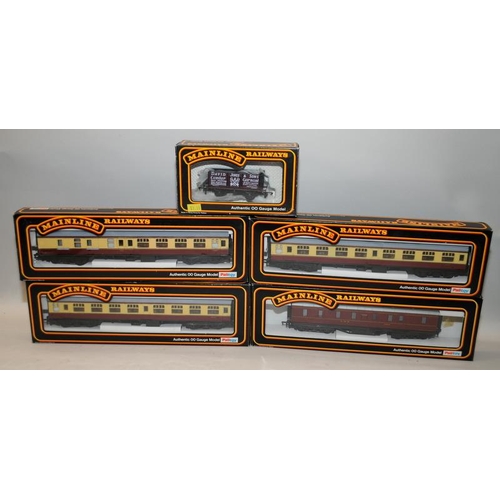 84 - Mainline Railways OO gauge coaches, BR cream/crimson x 3 and LMS maroon x 1 c/w an open wagon. 5 ite... 