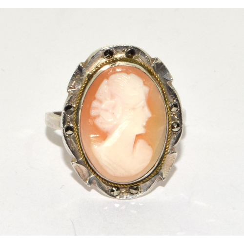 309 - Antique Art Deco carved shell cameo silver marcasite ring size P