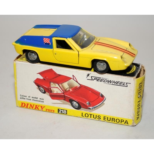 227 - Vintage Dinky Speedwheels Lotus Europa No.218, good model in clean box (missing internal flaps one e... 