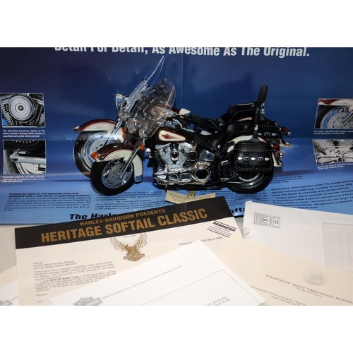 230 - Franklin Mint 1:10 scale die-cast Harley Davidson Softail Motorcycle c/w papers and packaging. One m... 