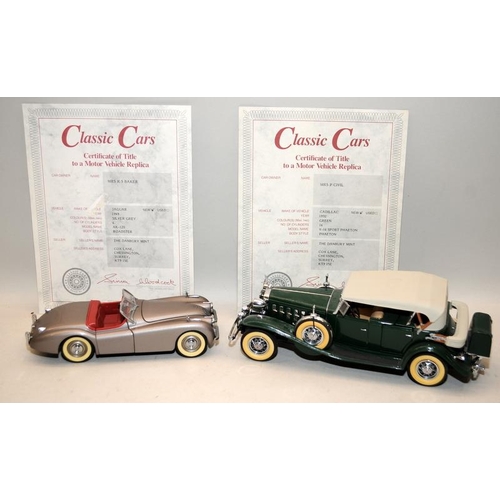 232 - Danbury Mint 1:24 scale 1949 Jaguar XK-120 Roadster with box and certificate c/w 1932 Cadillac V-16 ... 