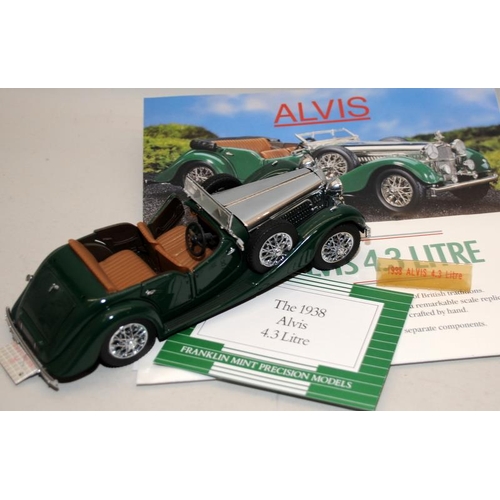 234 - Franklin Mint 1:24 Scale Jaguar SS-100 sports car with box and papers c/w 1938 Alvis 4.3 Litre, also... 