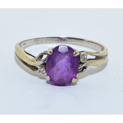 321 - 9ct white gold ladies Amethyst and diamond open work setting ring size S