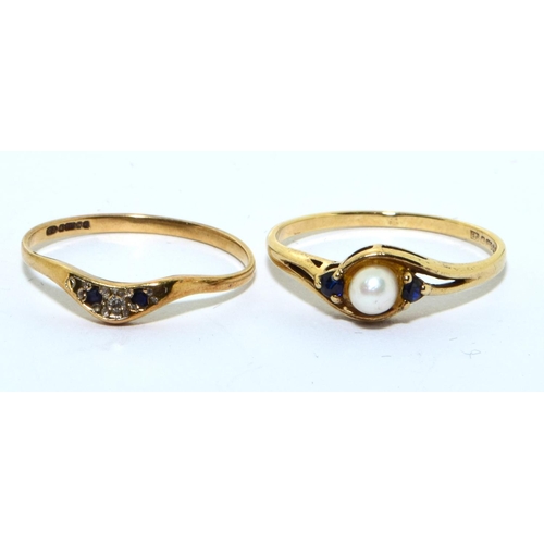 326 - 2 x 9ct gold rings a Diamond and Sapphire together a Pearl ring size N