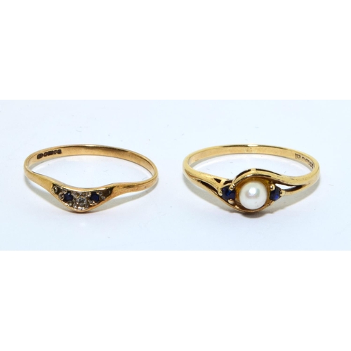 326 - 2 x 9ct gold rings a Diamond and Sapphire together a Pearl ring size N