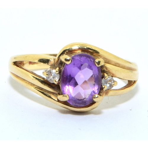 346 - 9ct gold ladies Amethyst and Diamond ring 3.2g size N