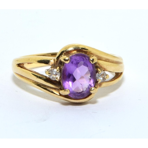 346 - 9ct gold ladies Amethyst and Diamond ring 3.2g size N