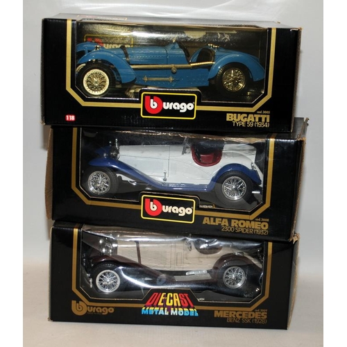 243 - Bburago 1:18 scale die-cast metal models Alfa, Mercedes and Bugatti. 3 in lot, all boxed