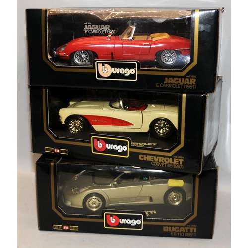 244 - Bburago 1:18 scale die-cast metal models Jaguar, Chevrolet and Bugatti. 3 in lot, all boxed