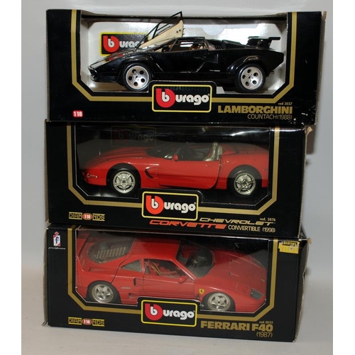 245 - Bburago 1:187 scale die-cast metal models, Corvette, Lamborghini and Ferrari. 3 in lot, all boxed