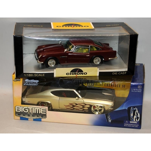 248 - 1:18 scale Chrono die-cast Aston Martin DB5 Peony Red c/w 1:18 Big Time Muscle 1969 Chevrolet Chevel... 