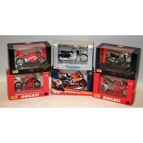 254 - Maisto 1:18 scale die-cast motorcycles. 6 in lot, all boxed