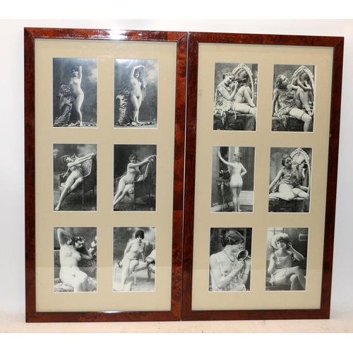 454 - A collection of reproduction Edwardian risque cabinet cards displayed in two good quality frames. 12... 