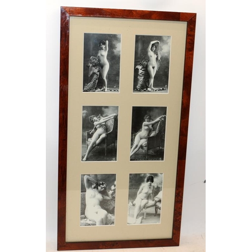 454 - A collection of reproduction Edwardian risque cabinet cards displayed in two good quality frames. 12... 