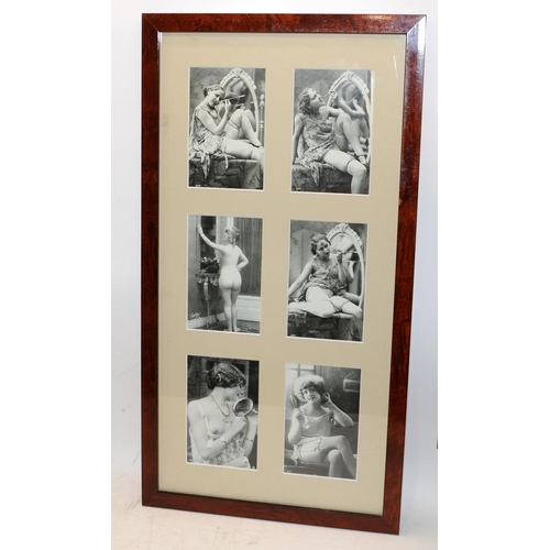 454 - A collection of reproduction Edwardian risque cabinet cards displayed in two good quality frames. 12... 