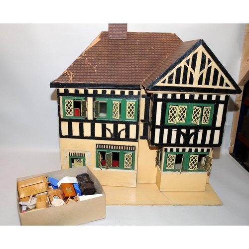 268 - Vintage large dolls house, wired up with lighting (untested) c/w a quantity of dolls house furniture