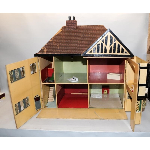 268 - Vintage large dolls house, wired up with lighting (untested) c/w a quantity of dolls house furniture