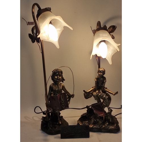 3 - Pair of De Caprio bronzed effect vintage resin table lamps depicting children. Both include glass sh... 
