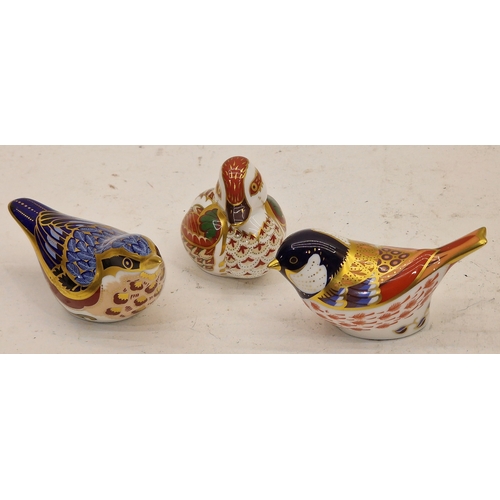 85 - Three Royal Crown Derby bird paperweights. All with gold stoppers unboxed.