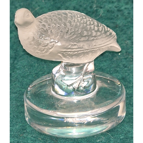 86 - Lalique France signed frosted glass figure of a grouse. Appears in good condition.