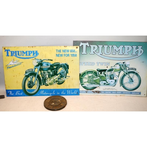 160 - BSA Sloper motorcycle cast metal plaque, 12cms across c/w two reproduction tin plate Triumph Motorcy... 