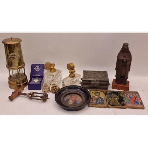 114 - Collection of miscellaneous curios to include miniature picture, miners lamp, religious items etc.