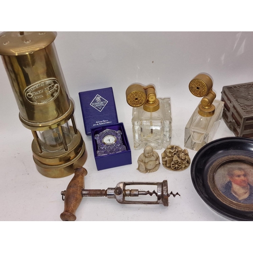 114 - Collection of miscellaneous curios to include miniature picture, miners lamp, religious items etc.
