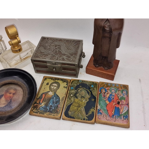 114 - Collection of miscellaneous curios to include miniature picture, miners lamp, religious items etc.