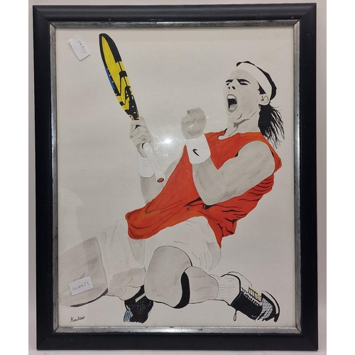 17 - Framed and glazed Rafael Nadal tennis painting signed 58x47cm.
