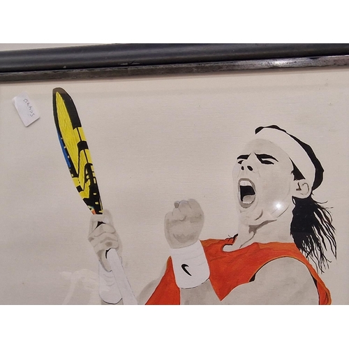 17 - Framed and glazed Rafael Nadal tennis painting signed 58x47cm.