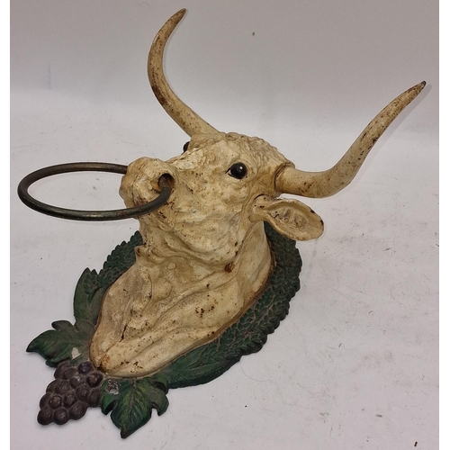 40 - Vintage painted cast metal painted white bull towel holder.