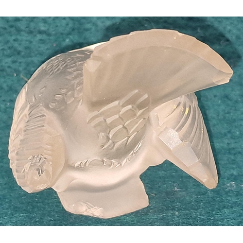 89 - Lalique France frosted crystal glass bird. Signed to base. Please examine, multiple areas of damage.