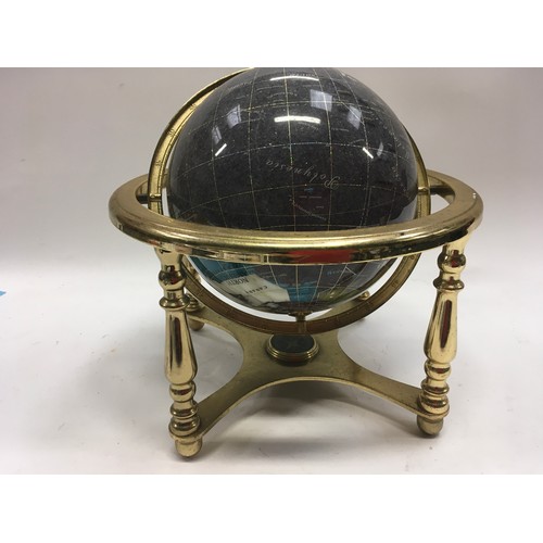 48 - Brass bound table top World Globe atlas with some semi precious stones 30x30cm