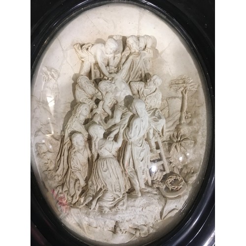 50 - Signed relief sculpture under half glass dome 'descent from the cross'.