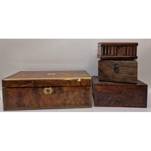 65 - Antique mahogany large writing slope with brass embellishments together with three other wooden boxe... 