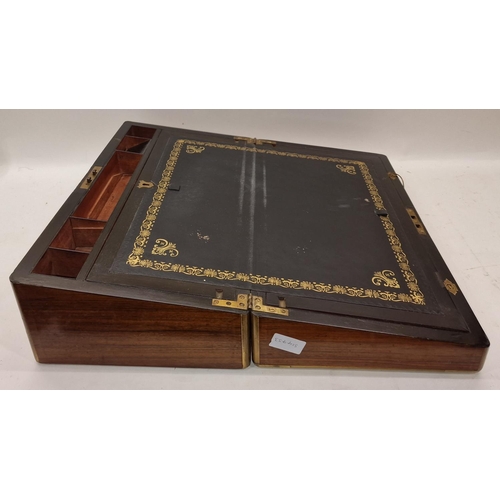 65 - Antique mahogany large writing slope with brass embellishments together with three other wooden boxe... 