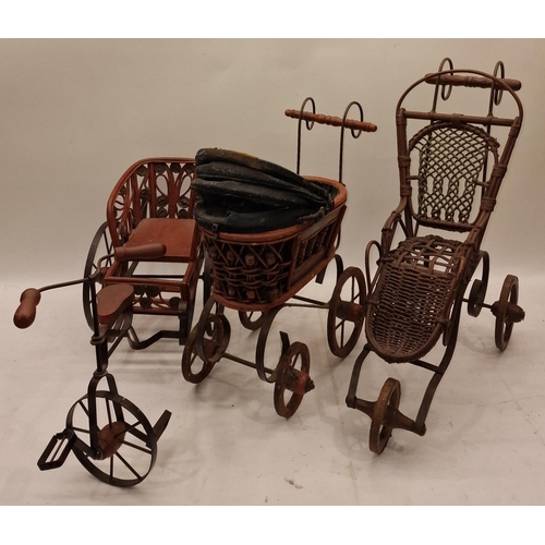 66 - Three miniature wicker push along decorations to include pram, wheelchair and tricycle.