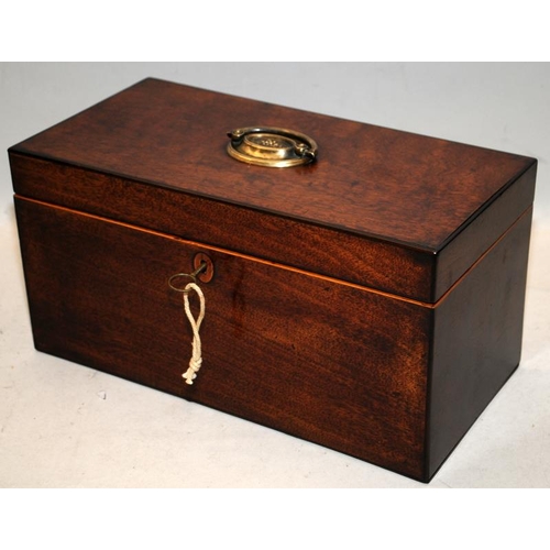 14 - Georgian mahogany tea caddy with 3 lined compartments, with key. 16cms x 31cms x 15cms