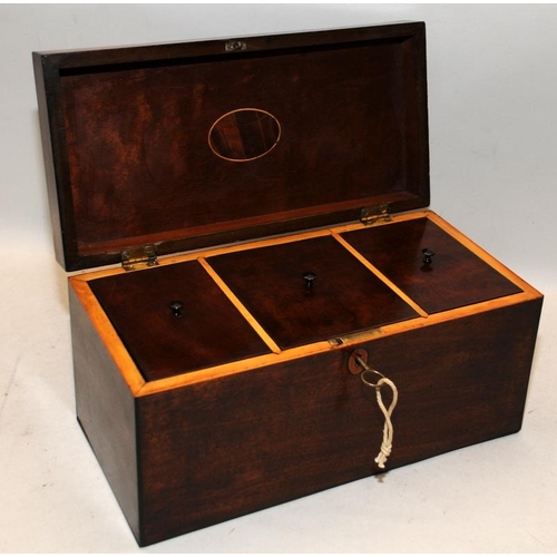 14 - Georgian mahogany tea caddy with 3 lined compartments, with key. 16cms x 31cms x 15cms