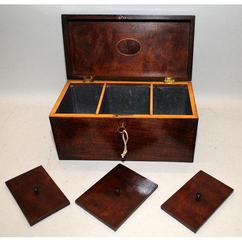 14 - Georgian mahogany tea caddy with 3 lined compartments, with key. 16cms x 31cms x 15cms