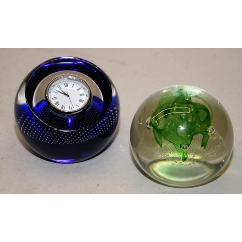 93 - 2 x Caithness paperweights including one with an inset clock (working)