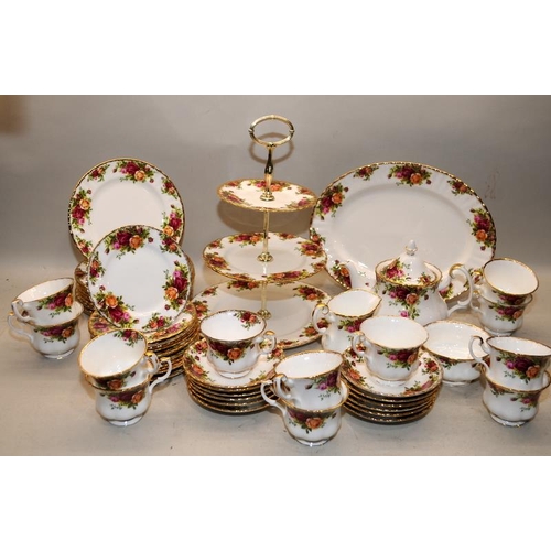 76 - Royal Albert Old Country Roses tea set for 12 people, includes teapot, milk jug and sugar bowl, thre... 