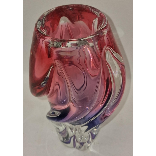 53 - Chribska Glassworks Propeller vase by Josef Hospodka in pink and purple 20cm tall.