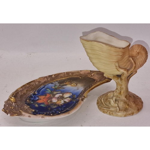 95 - Antique Royal Worcester Nautilus blush shell vase 10cm tall together with an Austrian ceramic oyster... 