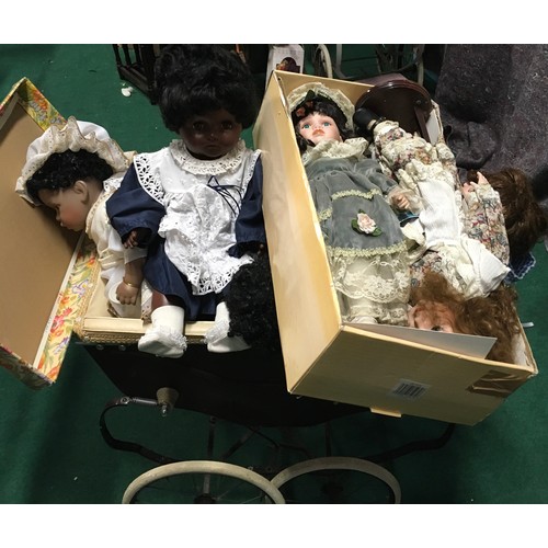 13 - Childs collectable Royale dolls pram together with 6 bisque headed dolls to include a boxed Knightsb... 