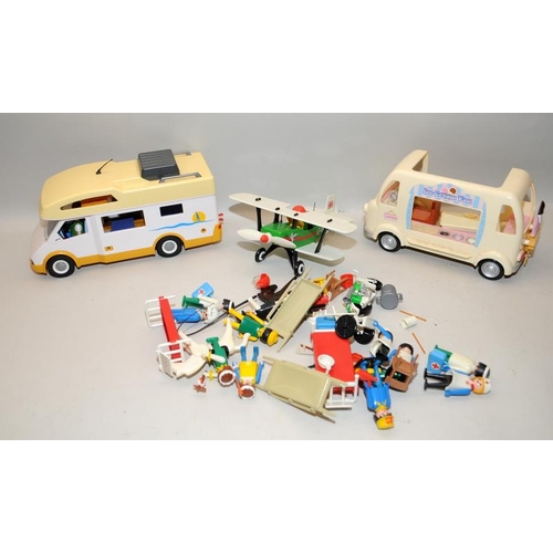 28 - Playmobil Ice Cream Van, Biplane and Campervan c/w a number of loose playmobil figures