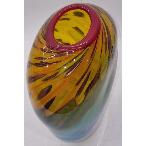 90 - Hand blown 20th century patterned bulbous large glass vase 28cm tall.