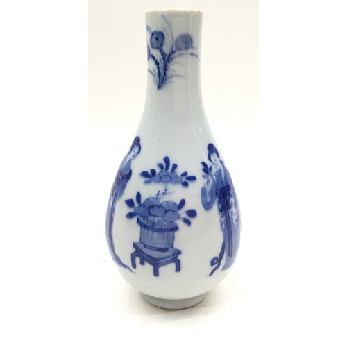 24 - Chinese Kangxi style  blue and white bottle vase depicting young ladies 18cm tall